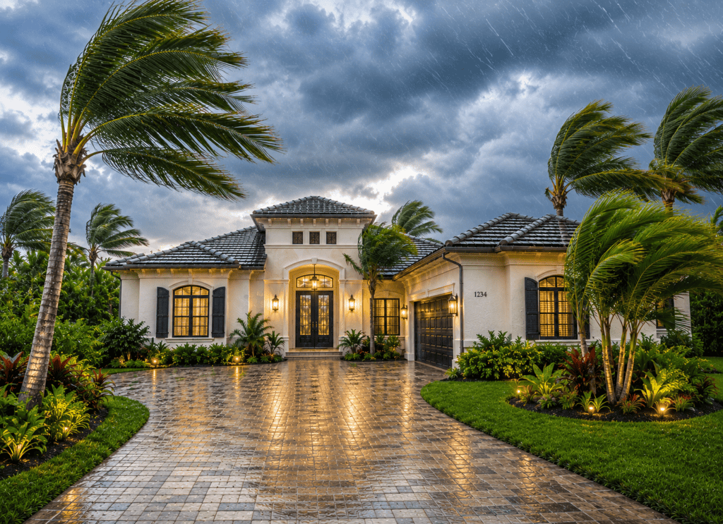 Elegant residential property with tropical landscaping and a paved driveway.